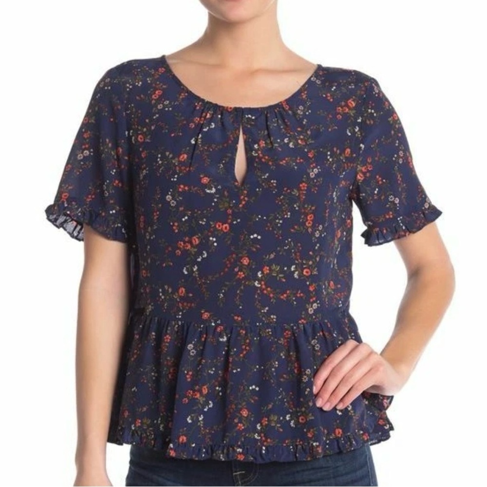 Madewell Silk Stanza Ruffle-Hem Top in Moonless Floral - Navy​